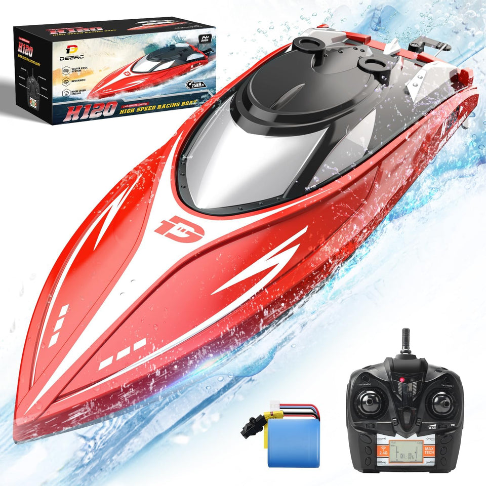 DEERC H120 RC boat speeding on water for pool and lake fun.