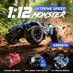 DEERC 1:12 RC truck with IPX4 waterproof ESC ready for light rain and wet surfaces.