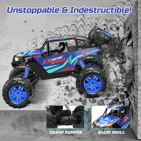 DEERC 4WD drivetrain detail powering strong climbs on rugged terrain.