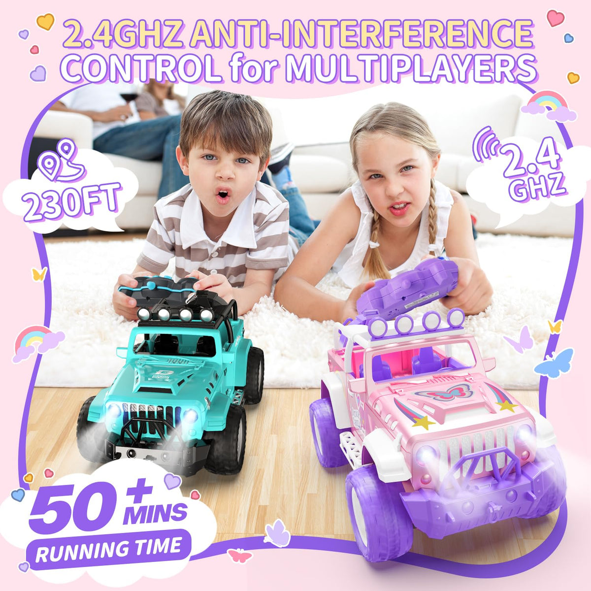 DEERC pink RC car off-road terrain tires handle varied surfaces with grip
