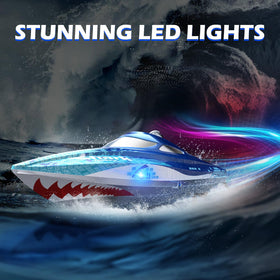 DEERC RC boat features capsized recovery to stay upright after flips.