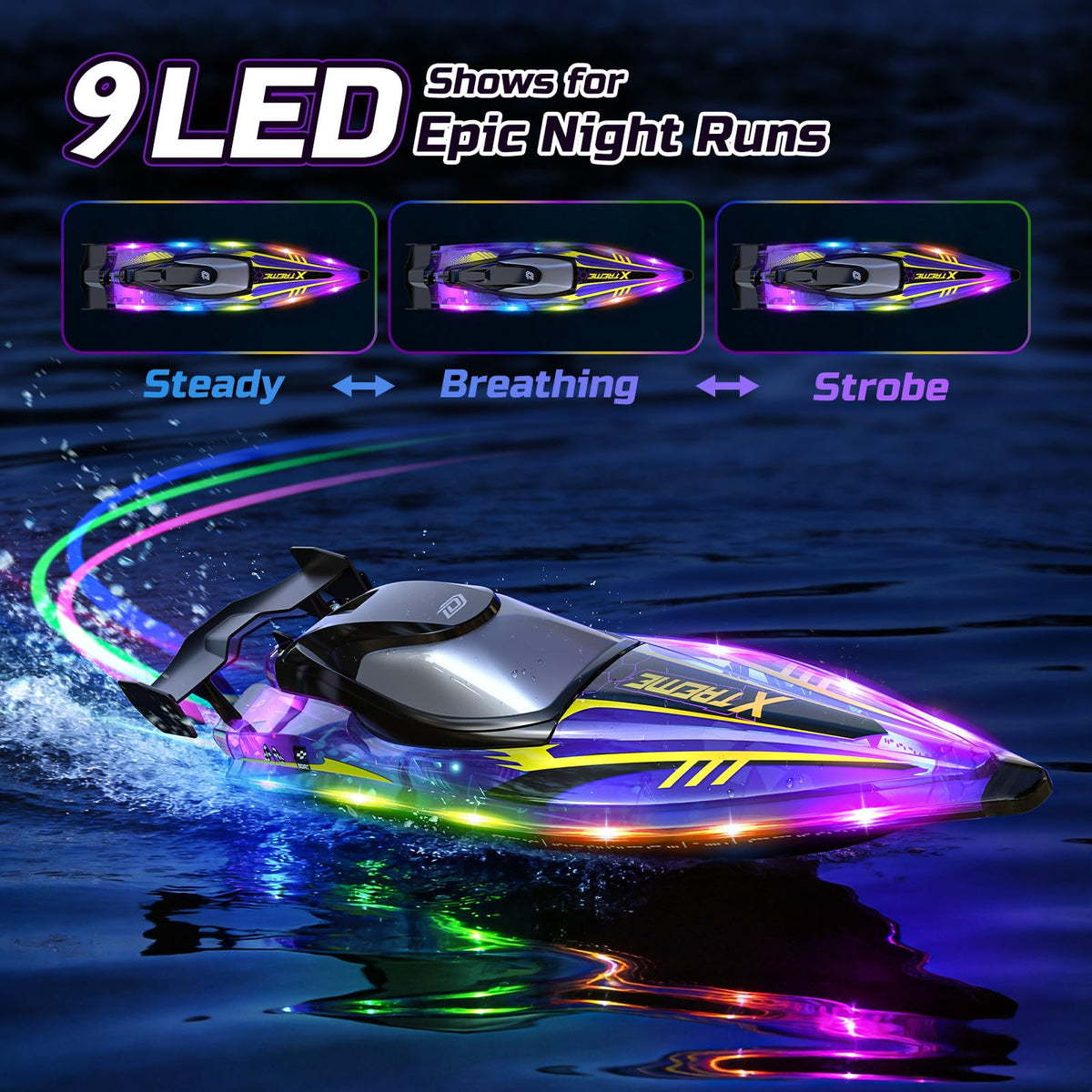 DEERC RC boat with LED lights improves visibility during day and night play