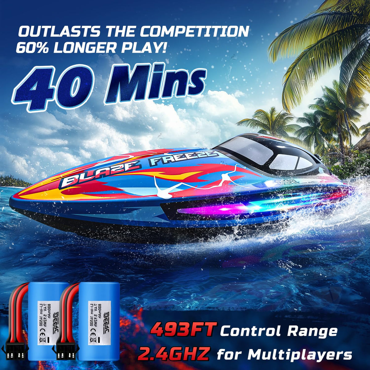 DEERC RC boat with LED modes lighting up water for night fun