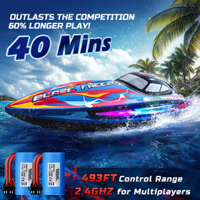DEERC RC boat with LED modes lighting up water for night fun