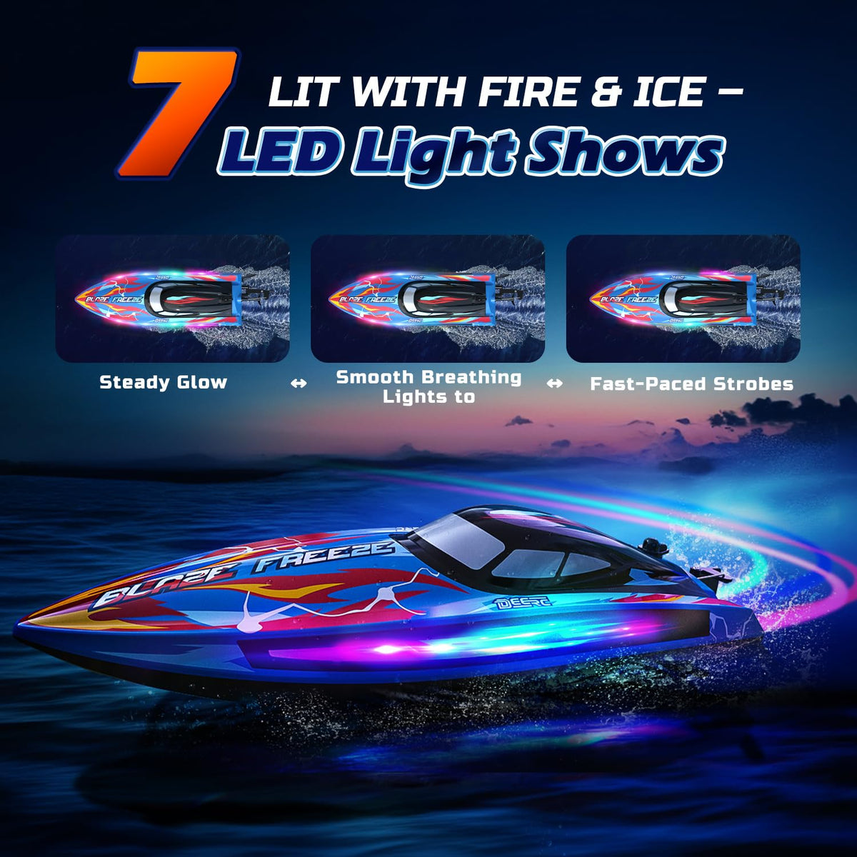 DEERC RC boat self-righting design quickly recovers after splashes