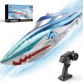 DEERC RC boat with shark design adds bold, playful appeal for pool and lake fun.