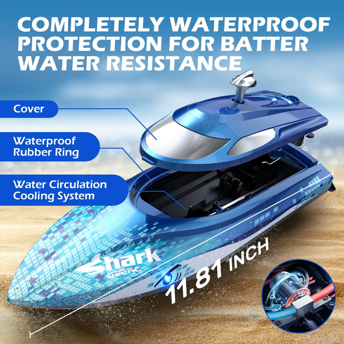 DEERC RC boat's waterproof cover protects electronics during splashes in choppy water.