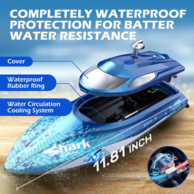 DEERC RC boat's waterproof cover protects electronics during splashes in choppy water.