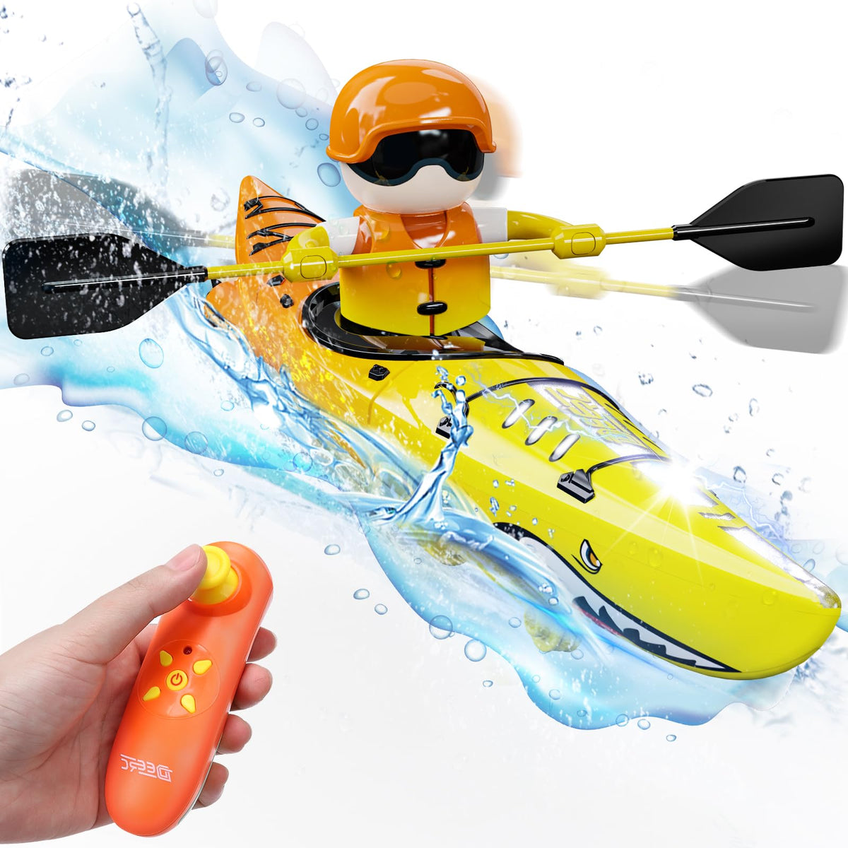 DEERC RC Kayak with shark design and LED lights for safe nighttime water fun