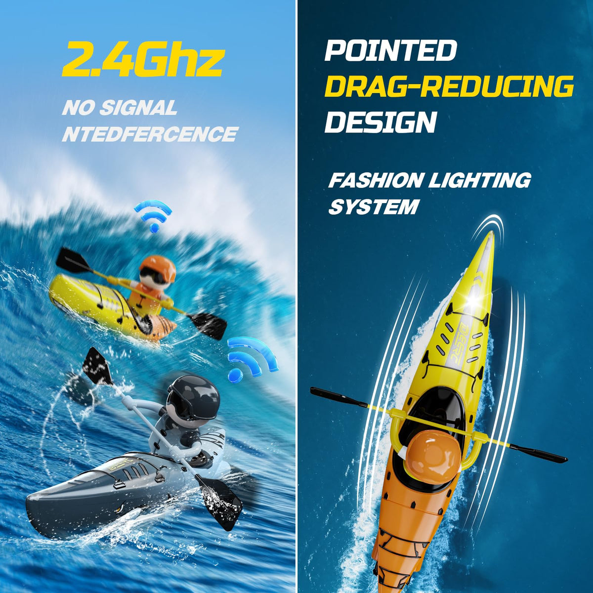 DEERC RC Kayak featuring water sensing balance pole for stability