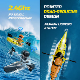 DEERC RC Kayak featuring water sensing balance pole for stability