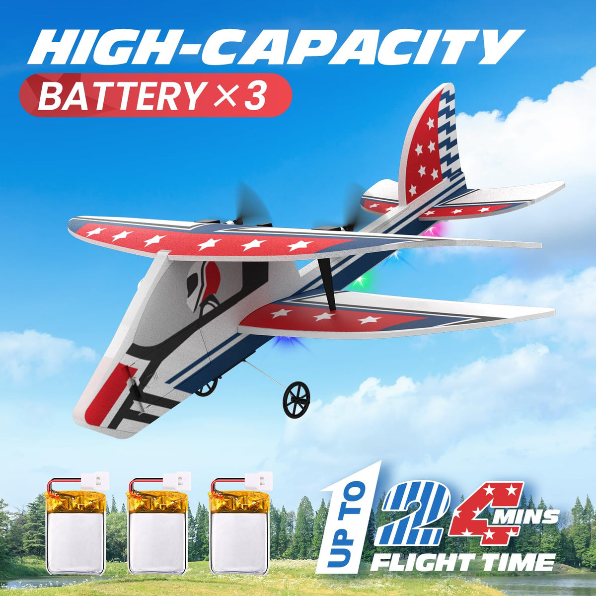 DEERC RC Plane dual-motor power supports vertical climbs and hover.