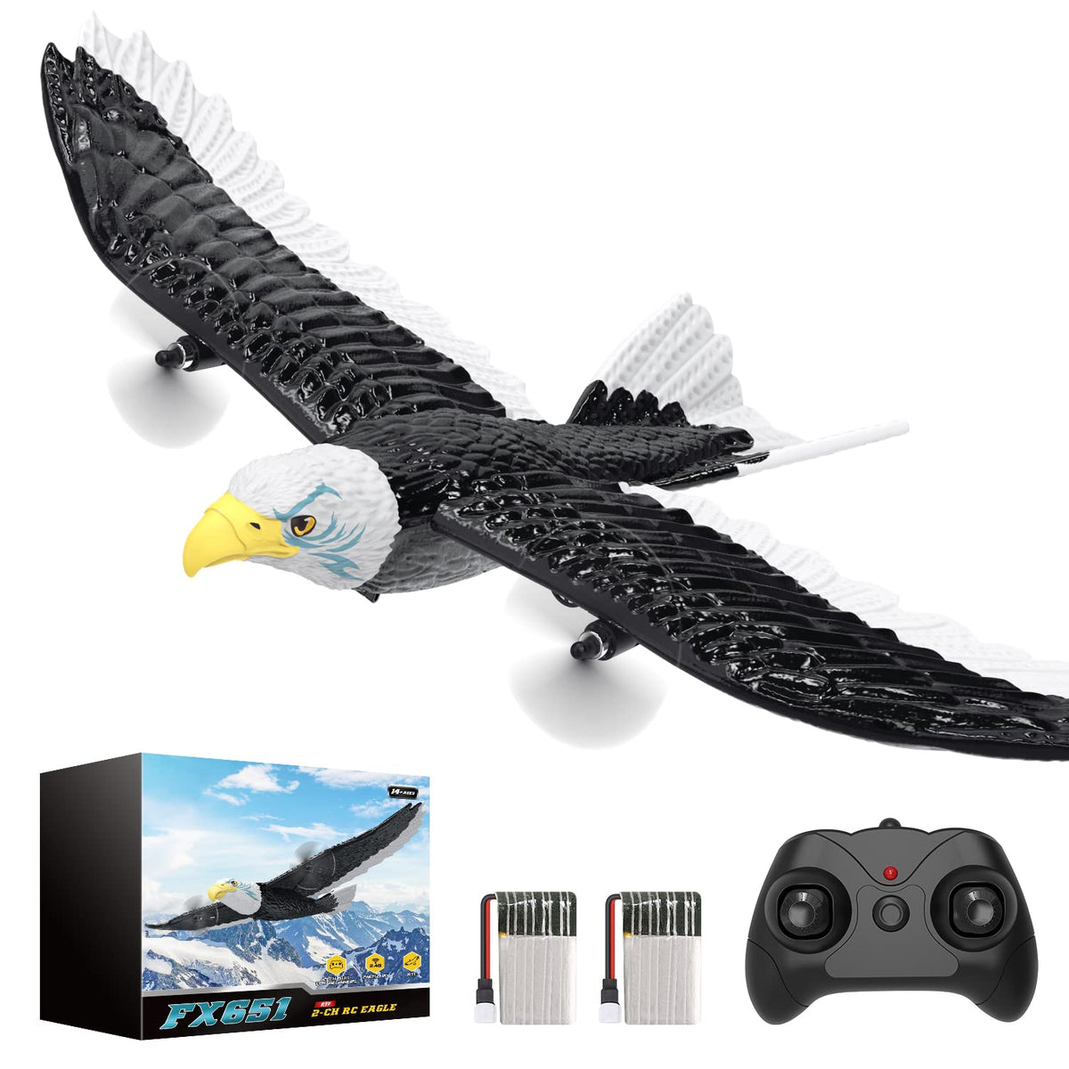DEERC RC Plane in flight showing lifelike bald eagle design for outdoor excitement.