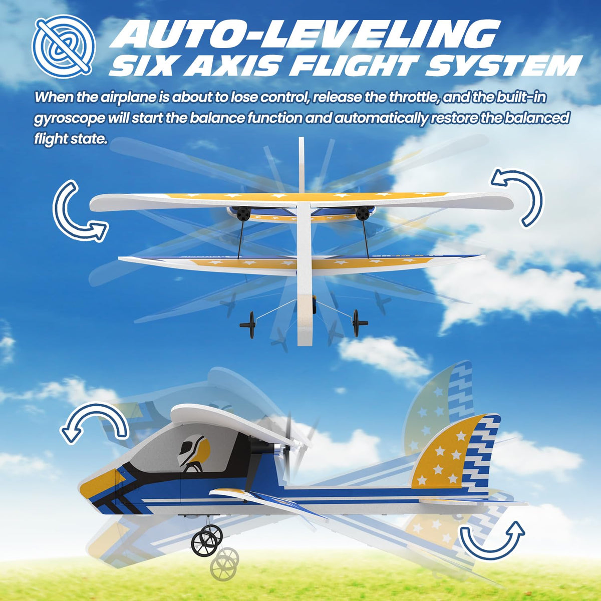 DEERC RC Plane gyro stabilizer close-up for smoother hover