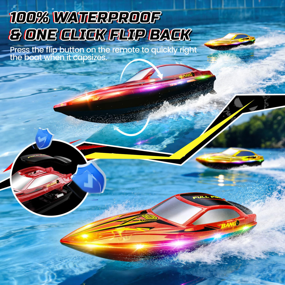 DEERC RC boat with red masked racer for fast, precise steering on calm water
