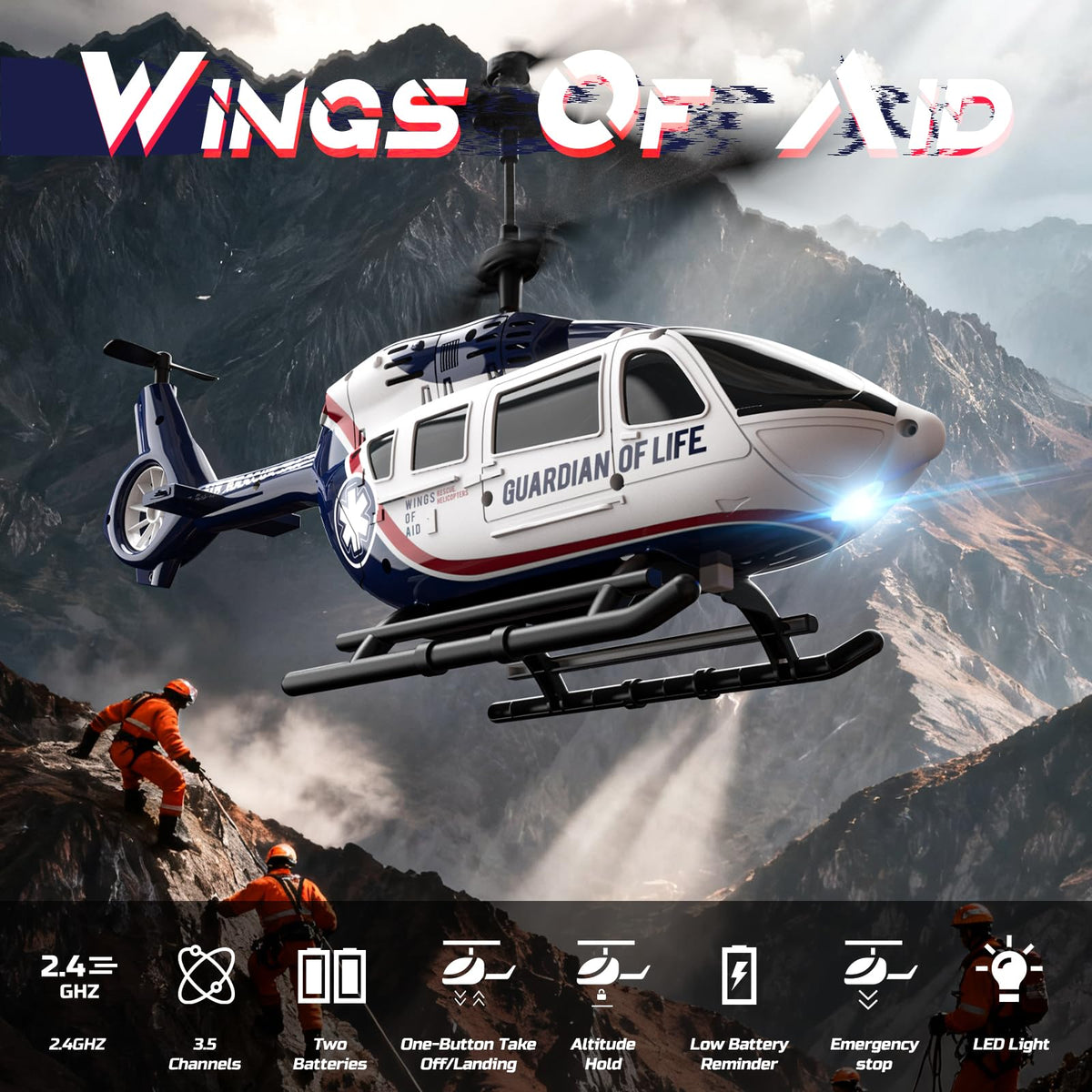 DEERC Rescue Helicopter features LED lights for indoor and night flights.