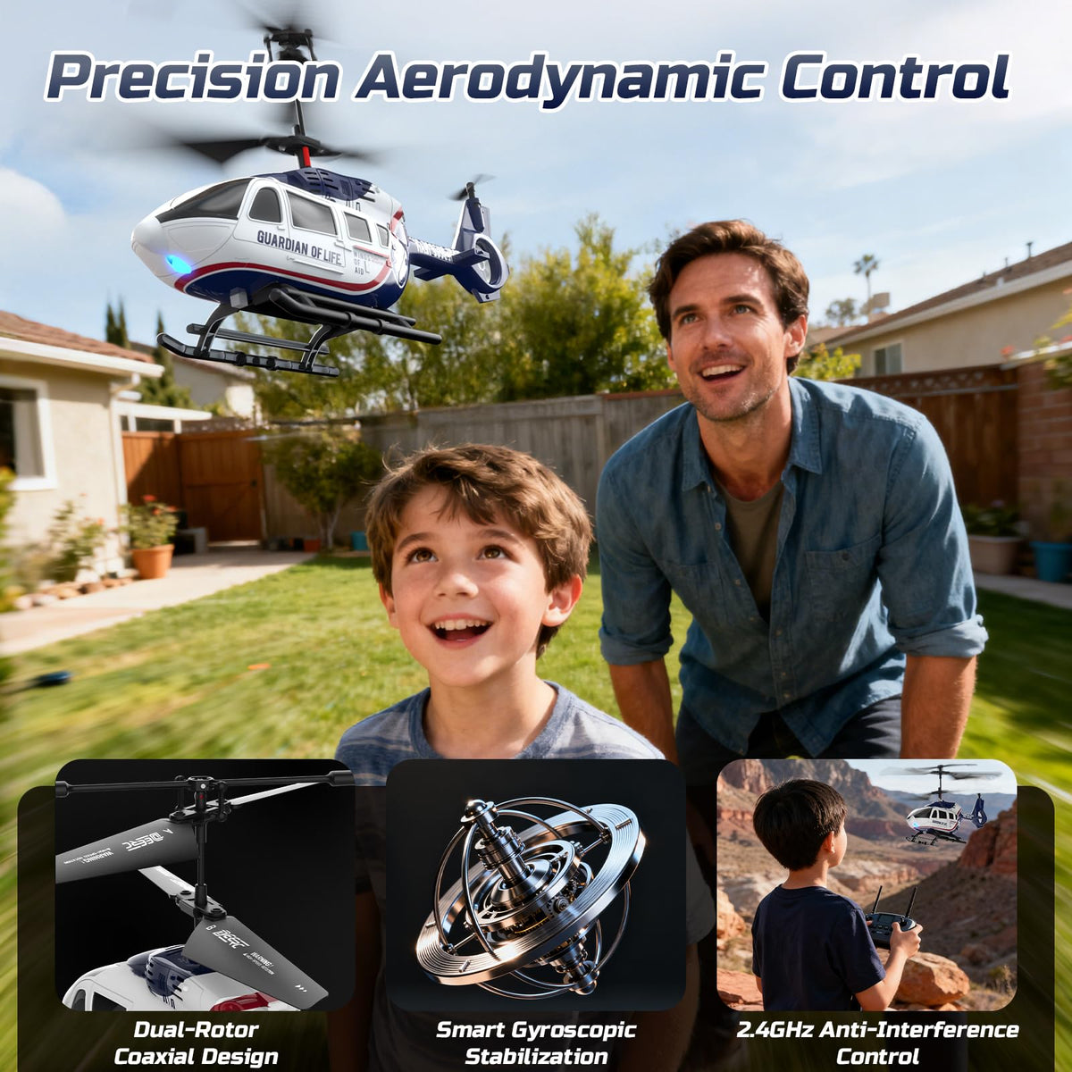 DEERC Rescue Helicopter smart protection guards rotor during flights.