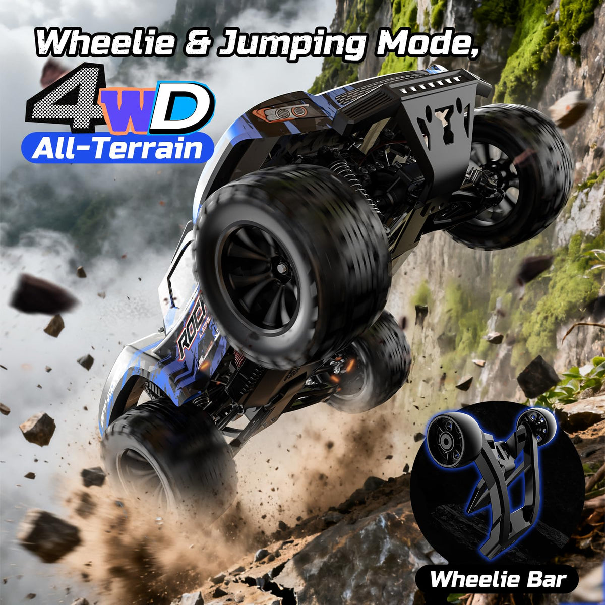 DEERC 1:12 truck wheelie-bar enables stunt-friendly acceleration and dynamic driving.