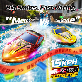 DEERC RC boat with yellow claw design for high visibility during day races