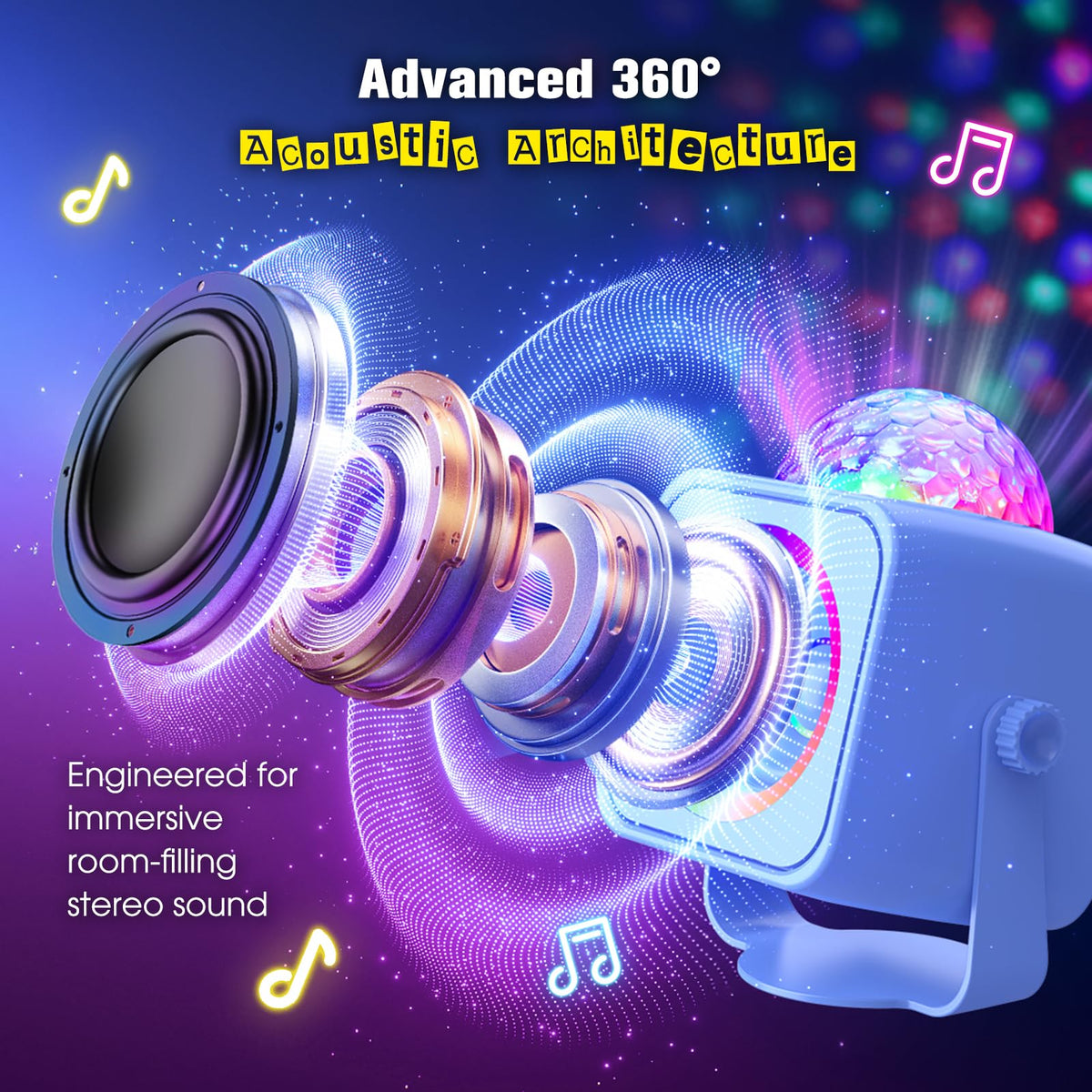 Colorful LED modes sync with music for energetic party atmosphere