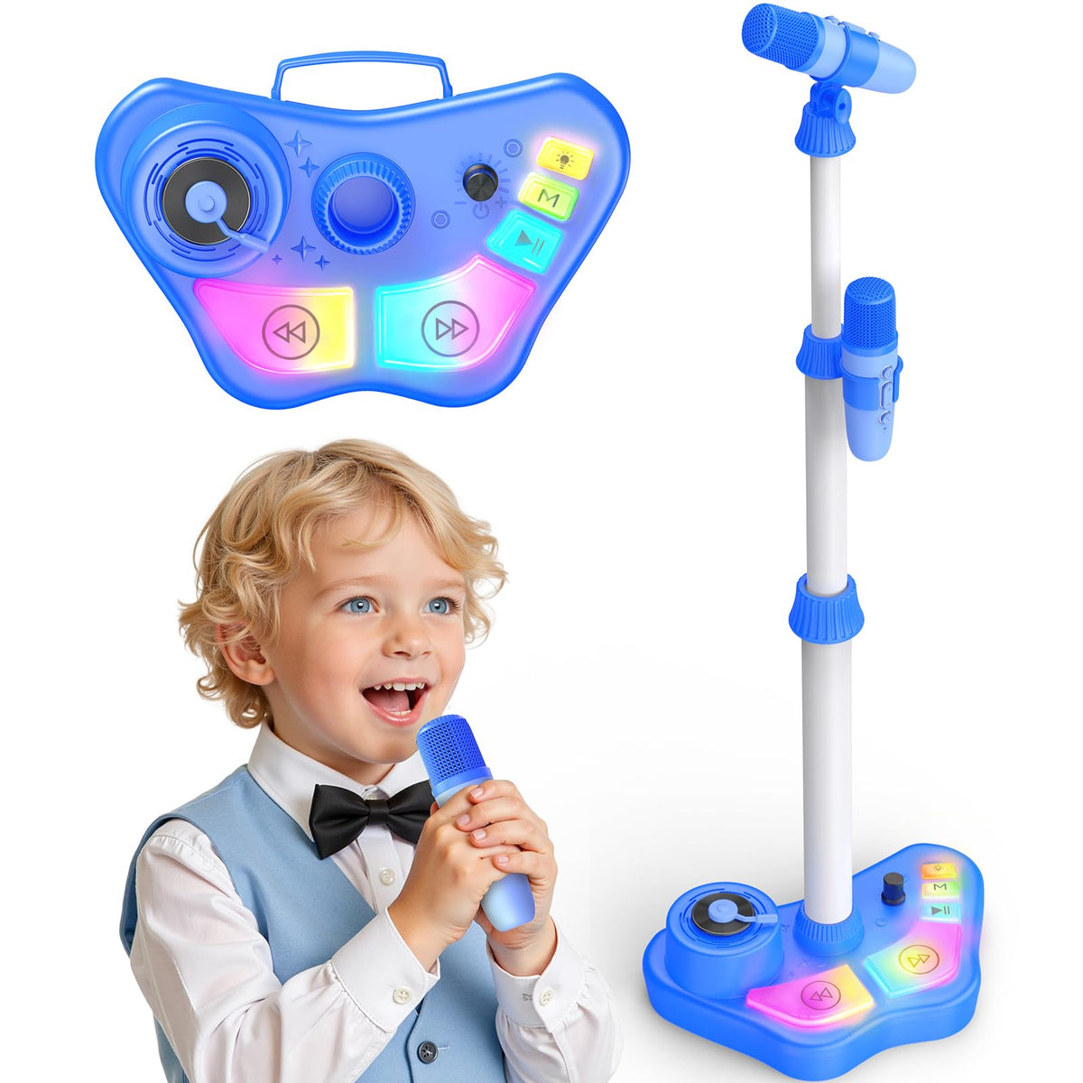 Delighkidz stand karaoke machine setup for kids on living room floor