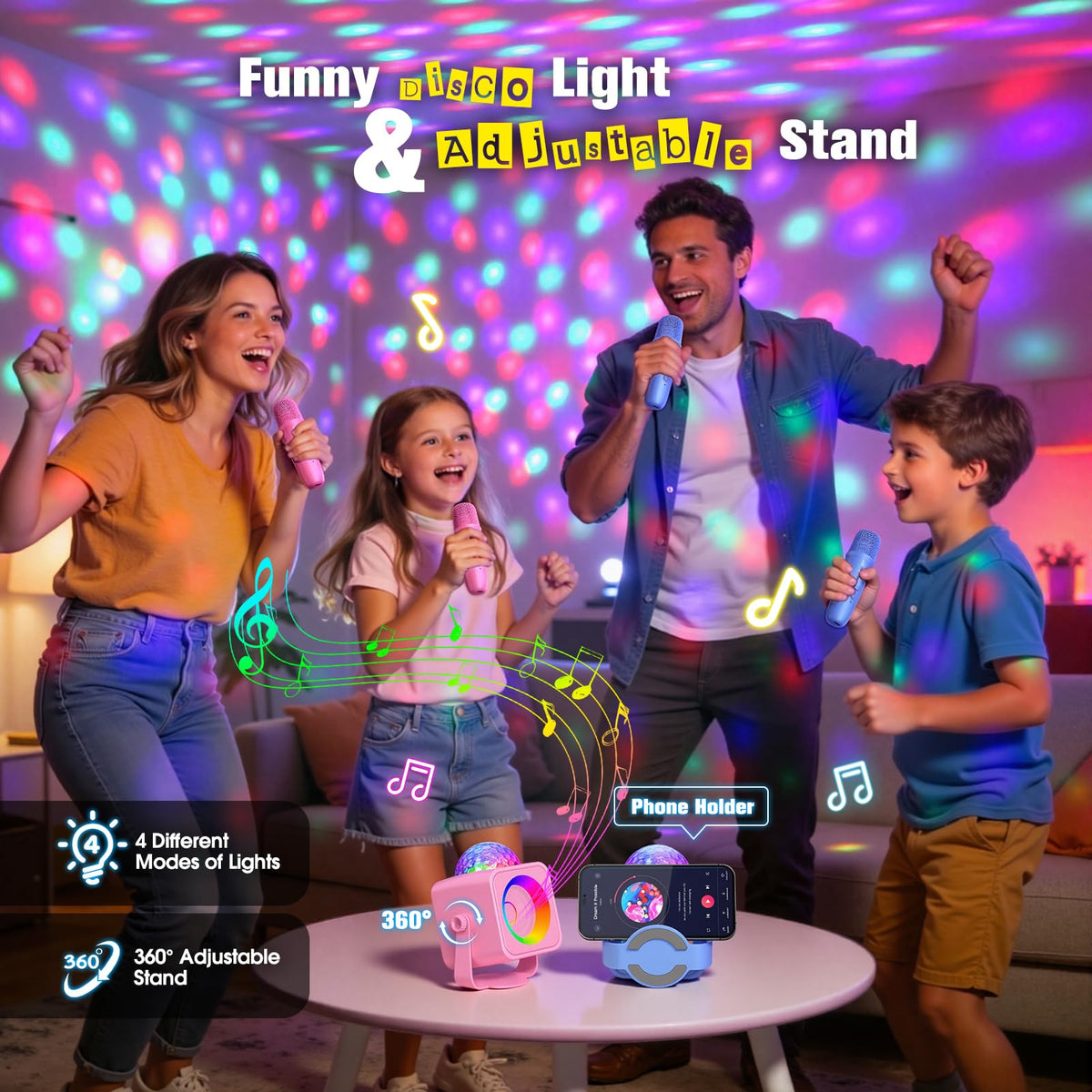 Tilt-adjust stand directs light show during kid karaoke performances