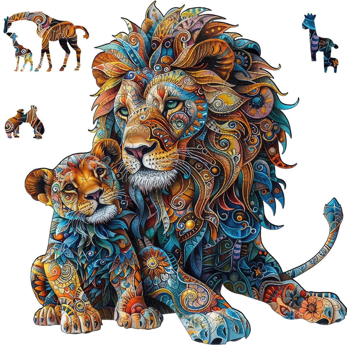 Delobil Lion Family 500-piece wooden puzzle with laser-cut shapes for added challenge.