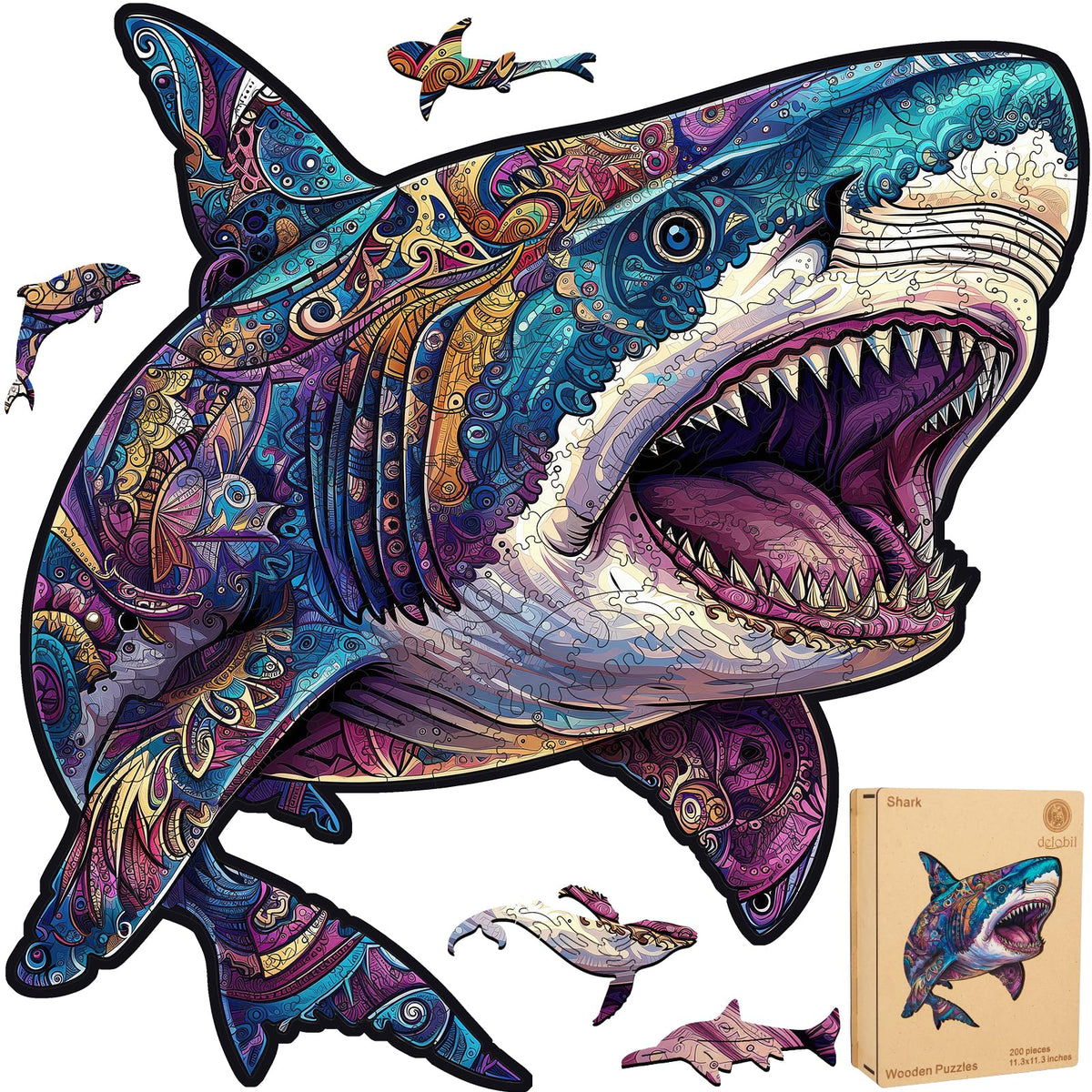 Delobil shark puzzle 500-piece with vibrant ocean colors for immersive play