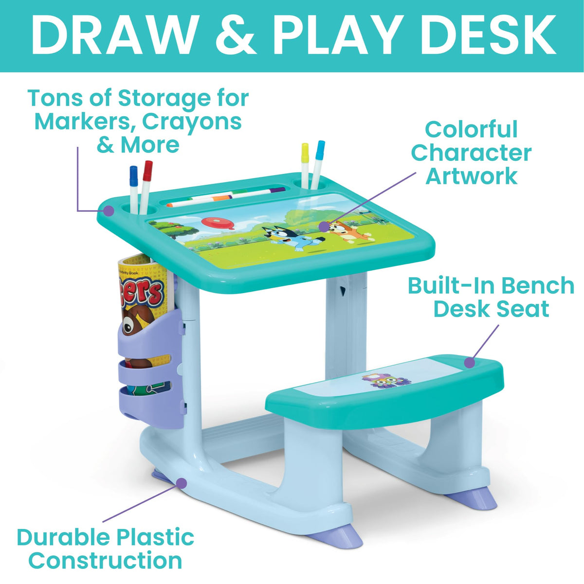 Delta Bluey desk features marker holders and side storage for easy cleanup after art.