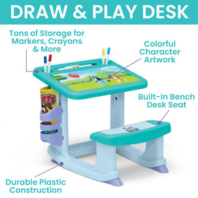 Delta Bluey desk features marker holders and side storage for easy cleanup after art.