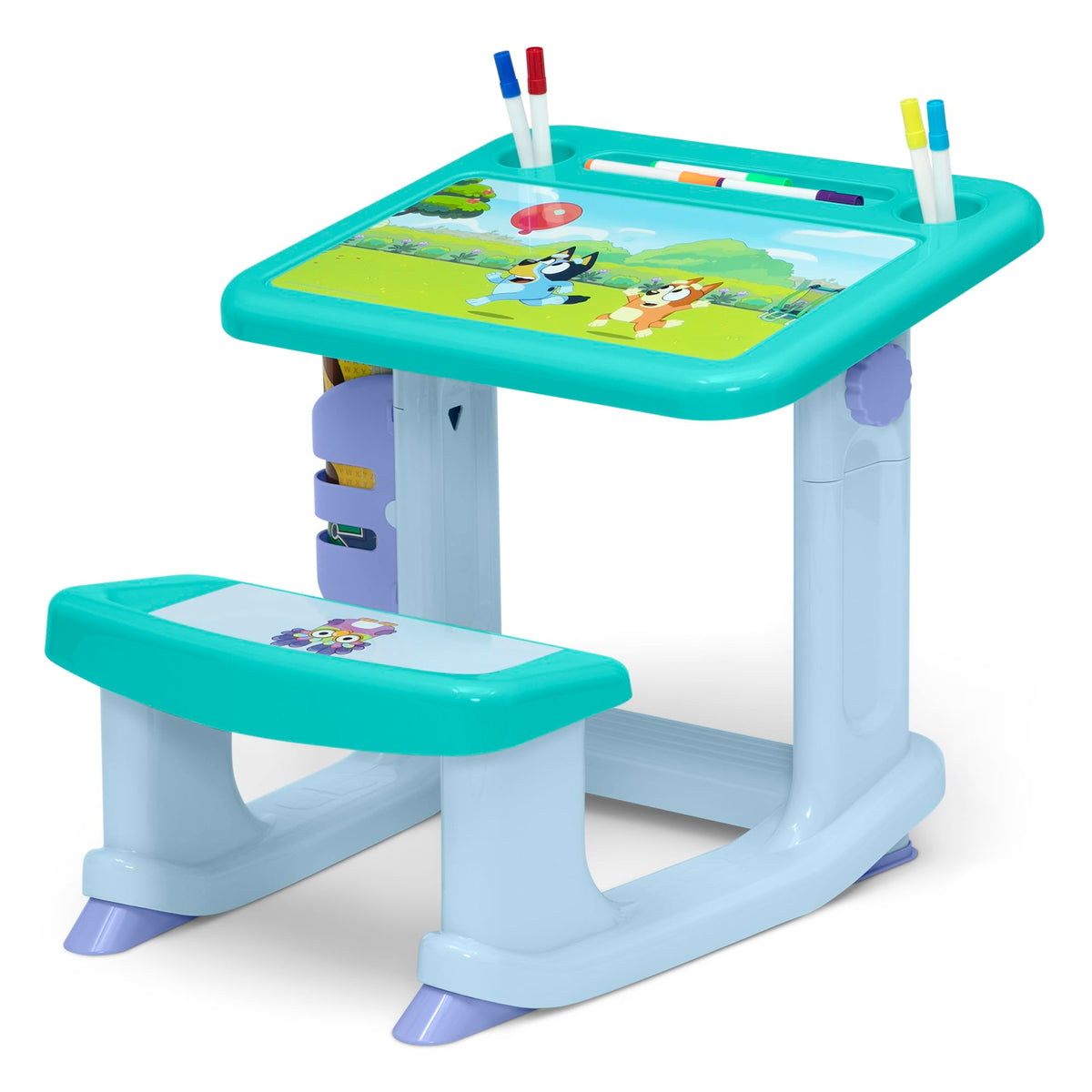 Bluey-themed art desk by Delta Children, safe design for ages 2 and up.