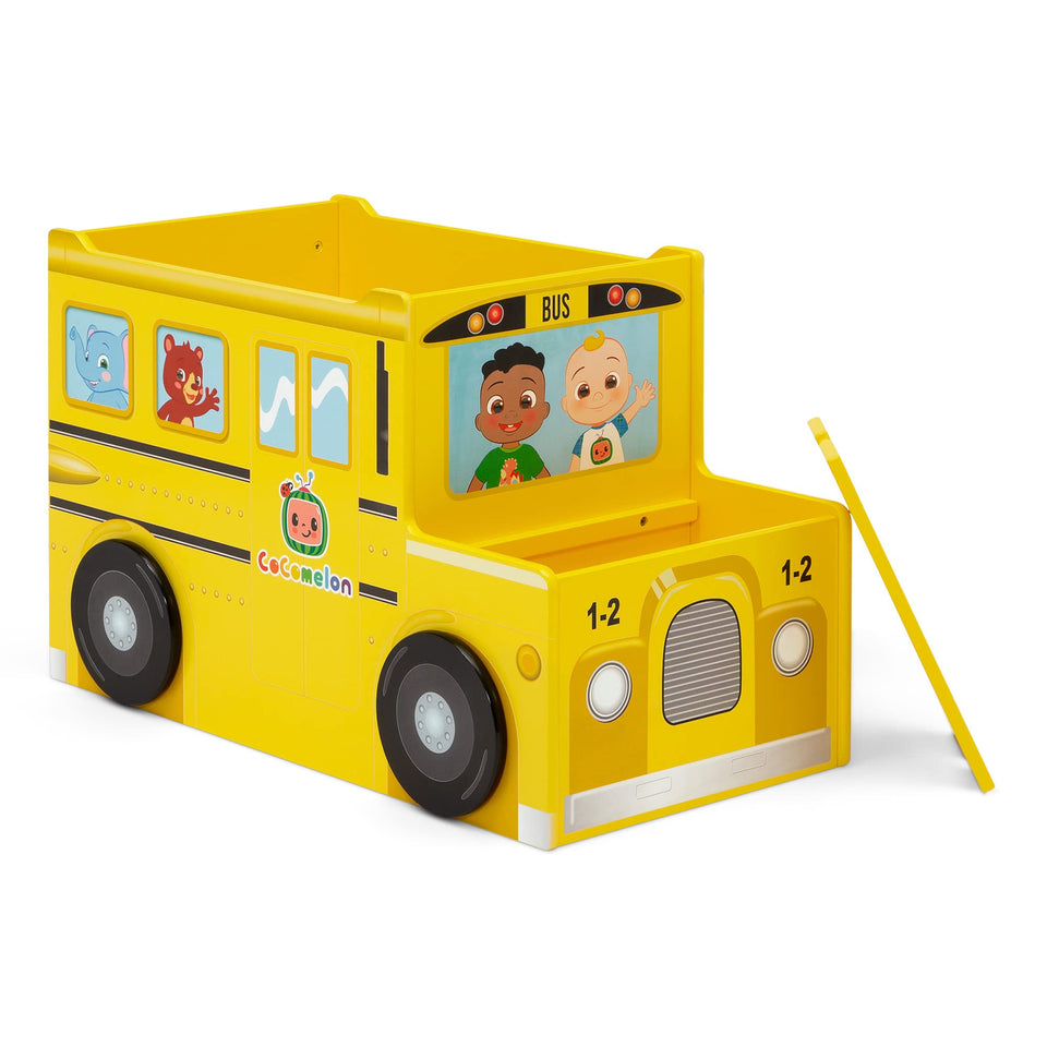 Delta Children CoComelon bus toy box open for easy toy storage