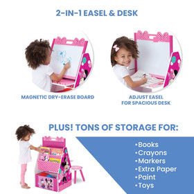 Delta Children deluxe art table showing removable fabric toy bin on reverse side for cleanup.