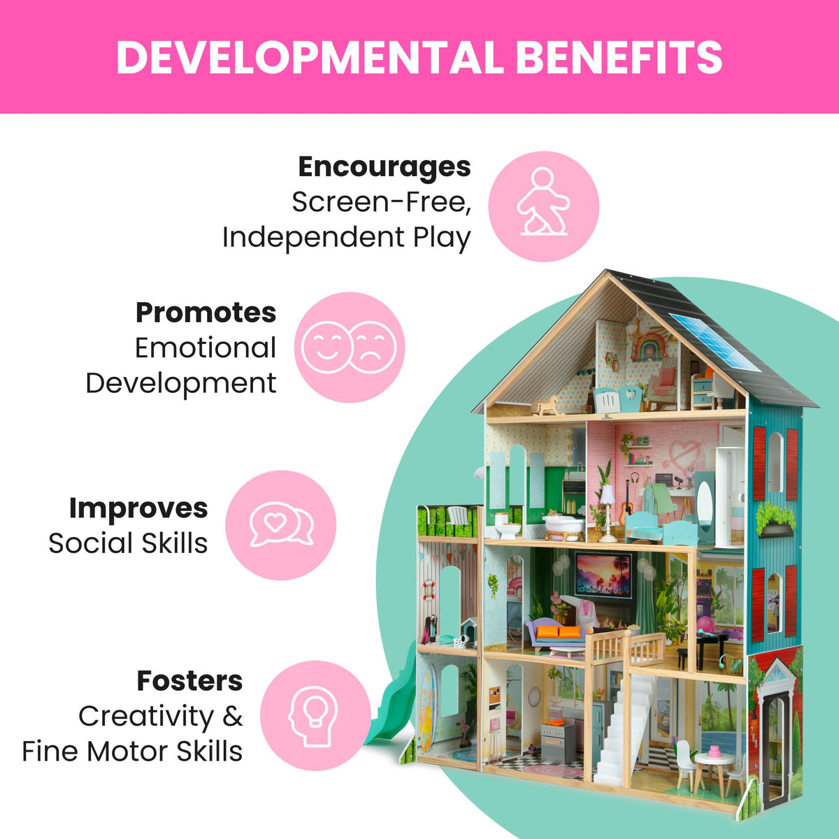 Delta Children Deluxe Maui Island Dollhouse compatible with 12-inch fashion dolls like Barbie.