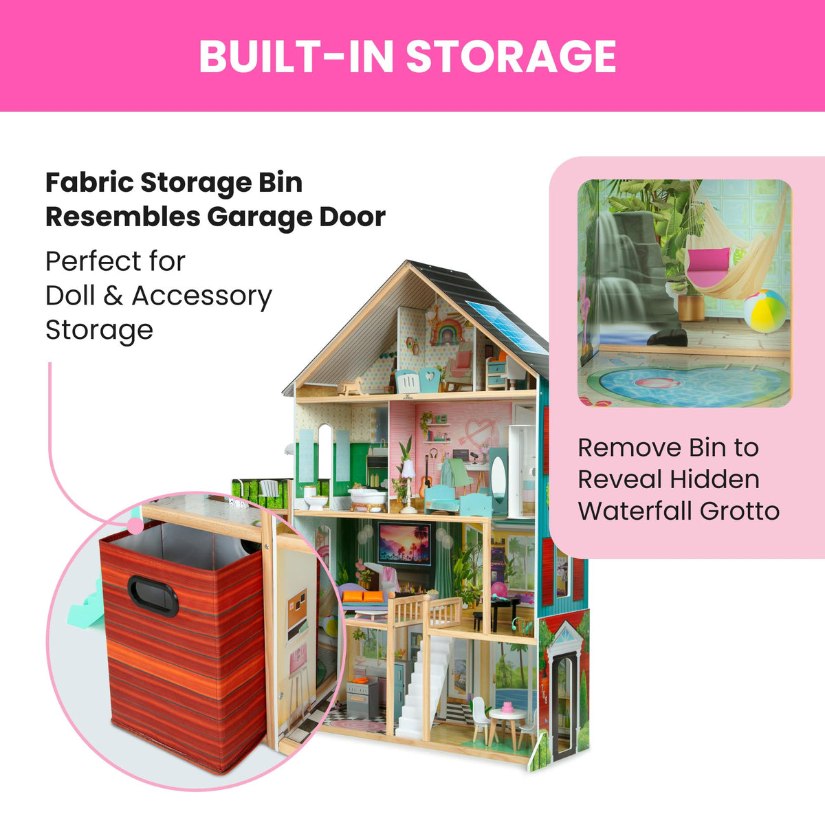 Delta Children Deluxe Maui Island Dollhouse built-in fabric storage bin helps dolls stay organized.