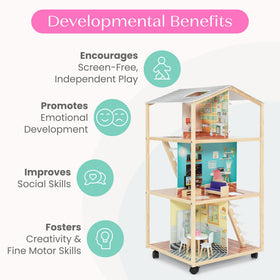 Delta Children Moveable Mansion features toilet with flushing sounds for playful realism.