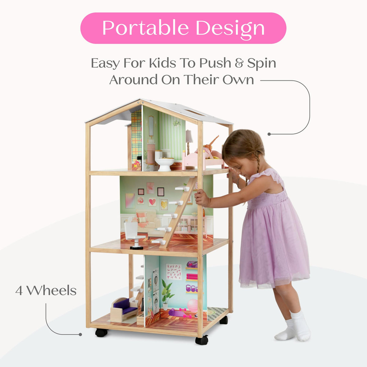 Delta Children Moveable Mansion on wheels lets kids move play between rooms.