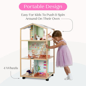 Delta Children Moveable Mansion on wheels lets kids move play between rooms.