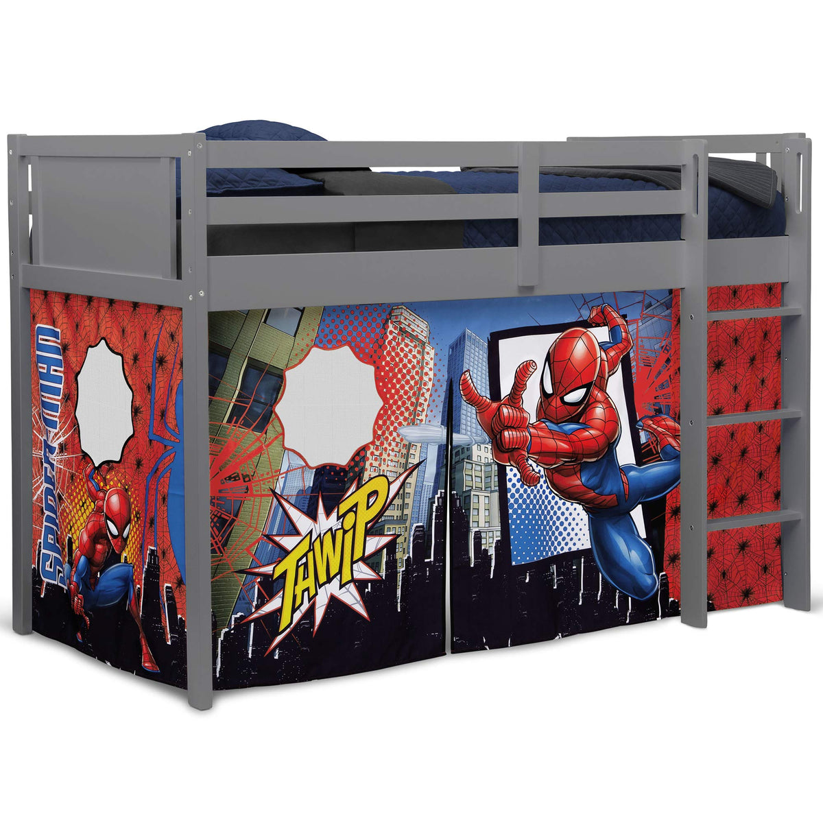 Delta Children Spider-Man loft bed tent dimensions 75L x 36.5W x 37H.