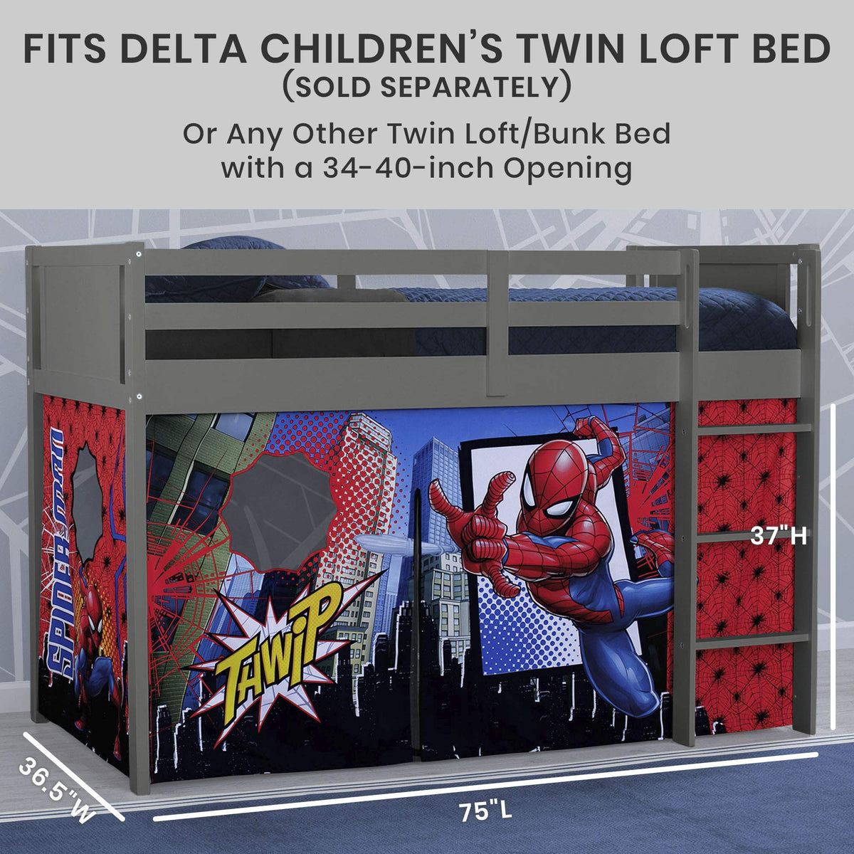 Delta Children Spider-Man loft bed tent removable and machine washable.