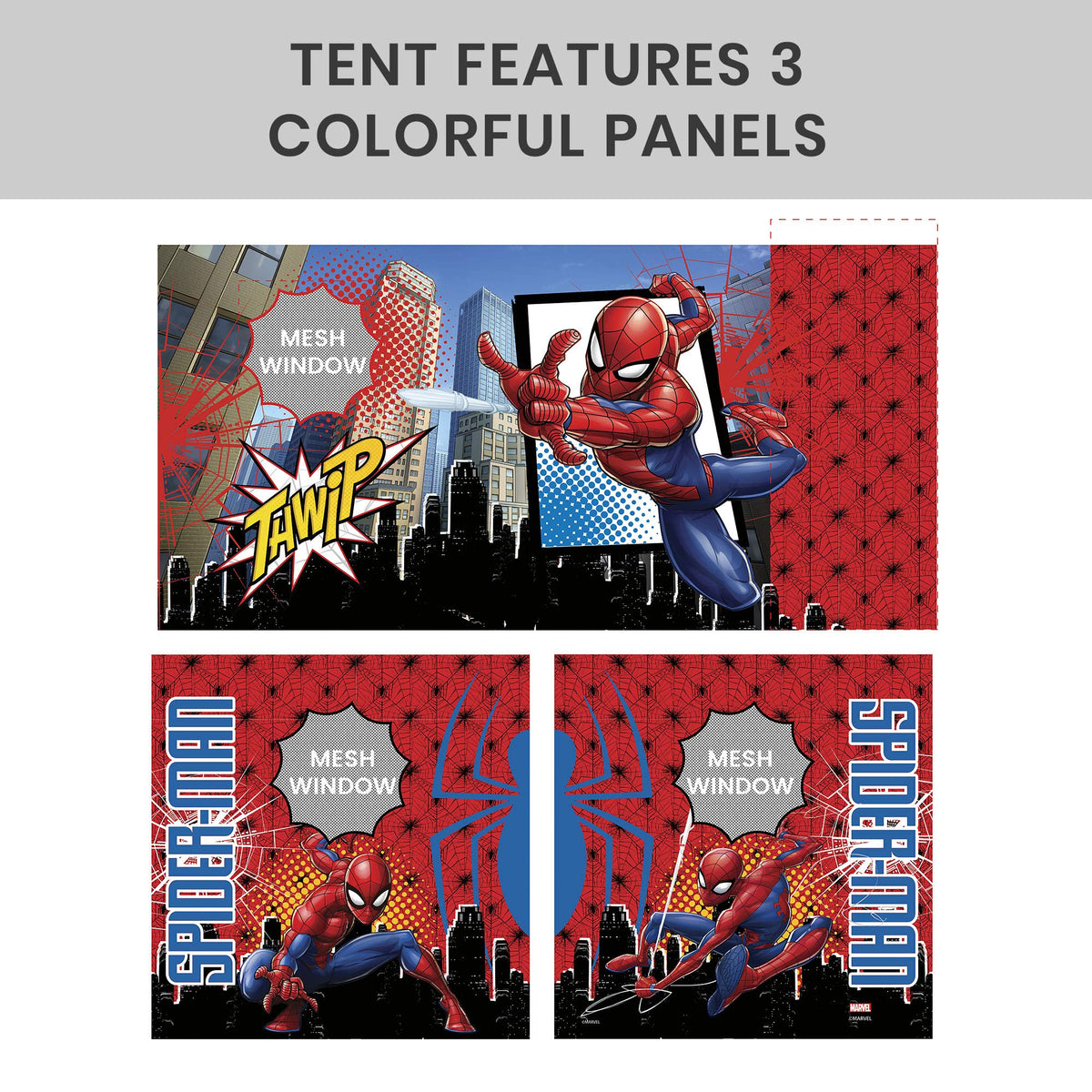 Delta Children Spider-Man loft bed tent roll-up front panel for quick access.