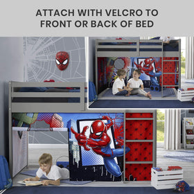 Delta Children Spider-Man loft bed tent under-bed space for imaginative play.