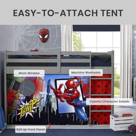 Delta Children Spider-Man loft bed tent Velcro attachment for easy setup.