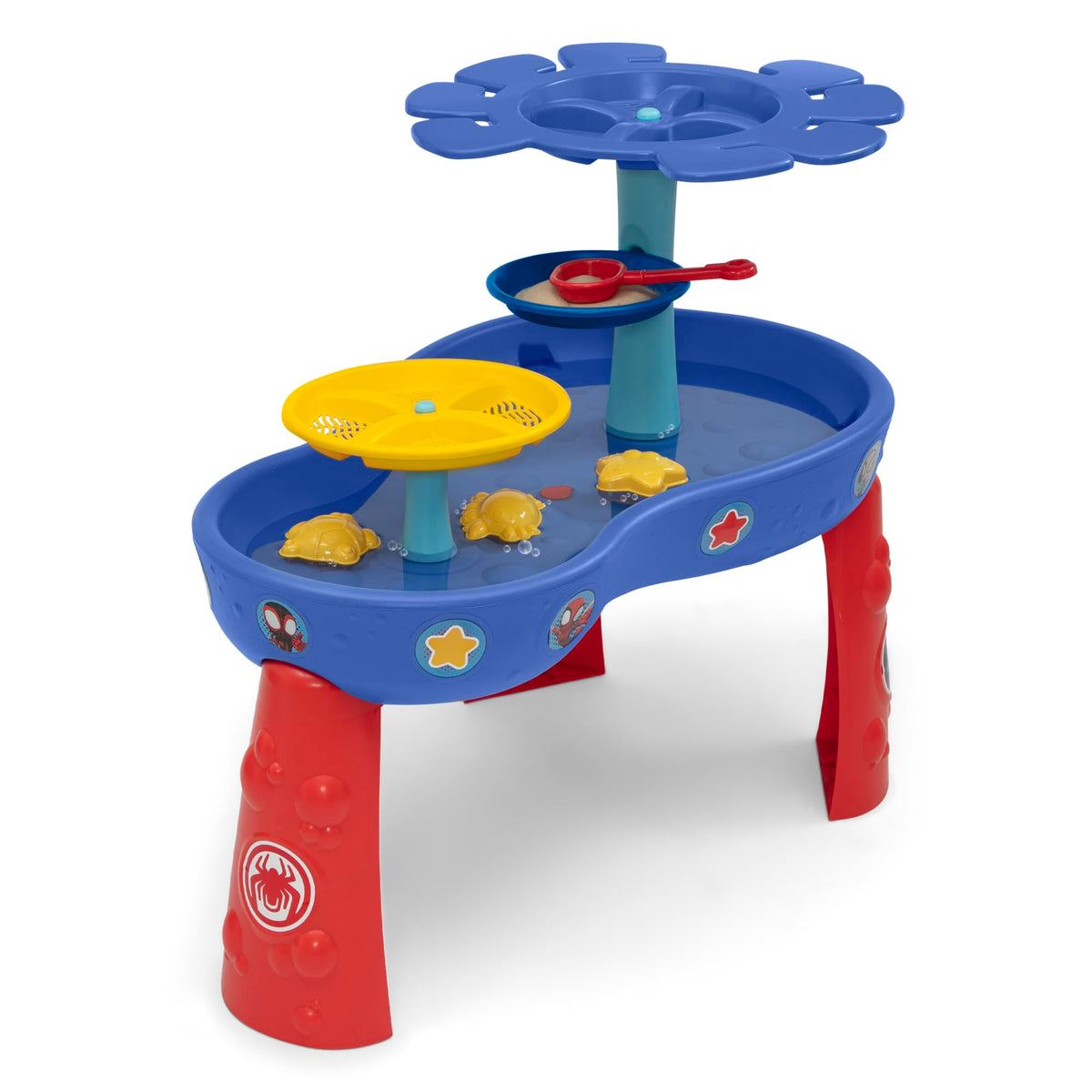 Delta Children Spidey water table has a no-leak drain plug for easy cleanup.
