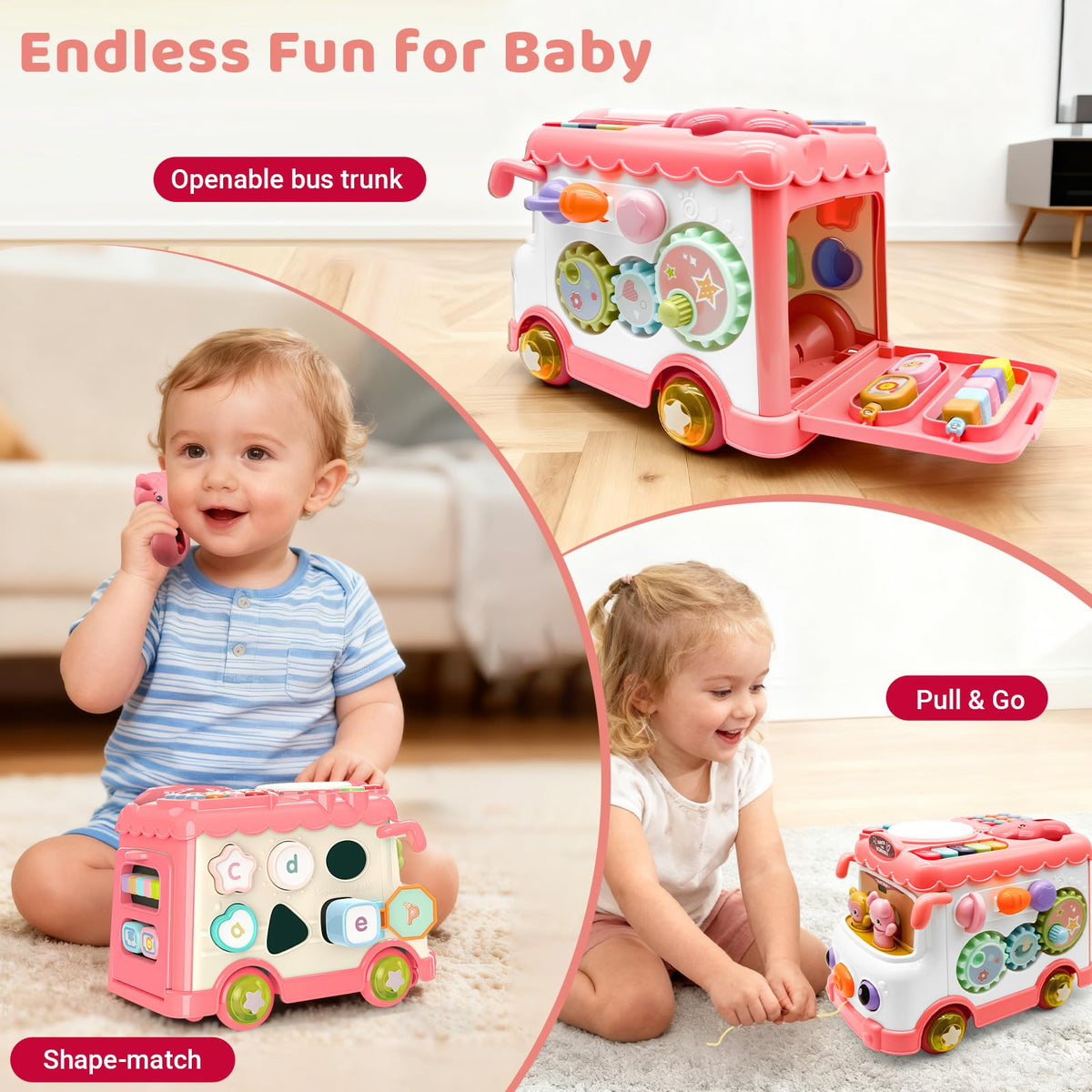 DELUTIQUE Bus Toy detachable shaker rattle adds rustling sound for grip and shake