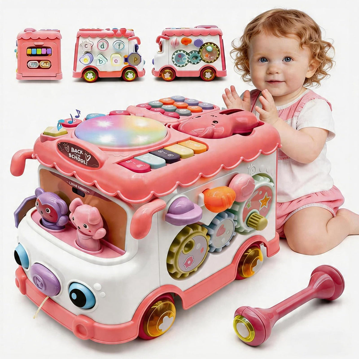 DELUTIQUE Baby Bus Toy front view with colorful activities for early learning