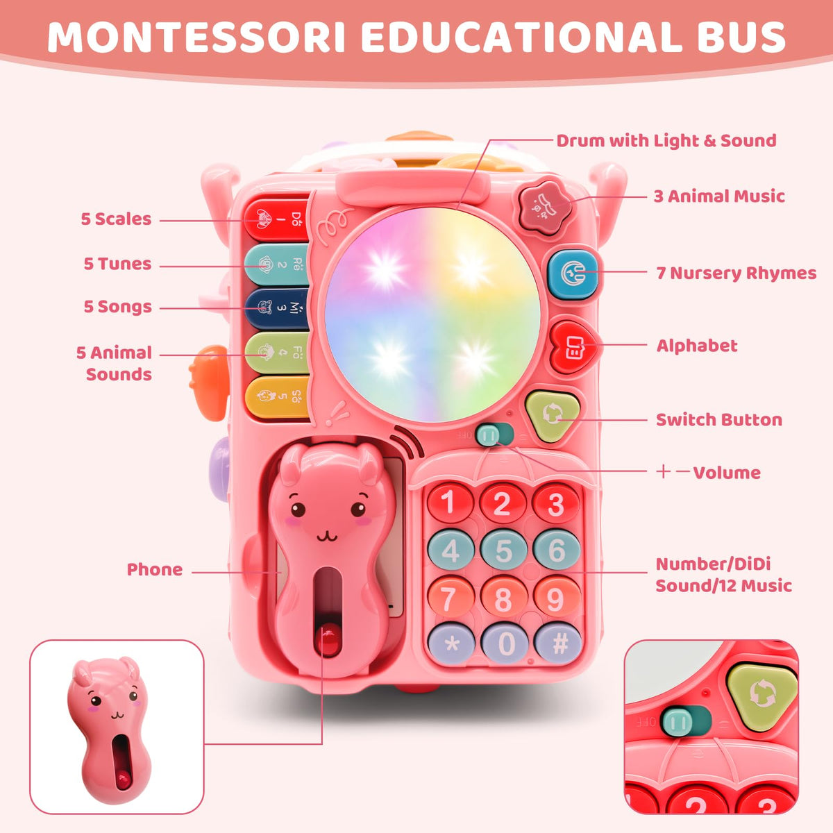 DELUTIQUE Baby Bus Toy keyboard and buttons promote early learning and alphabet familiarity