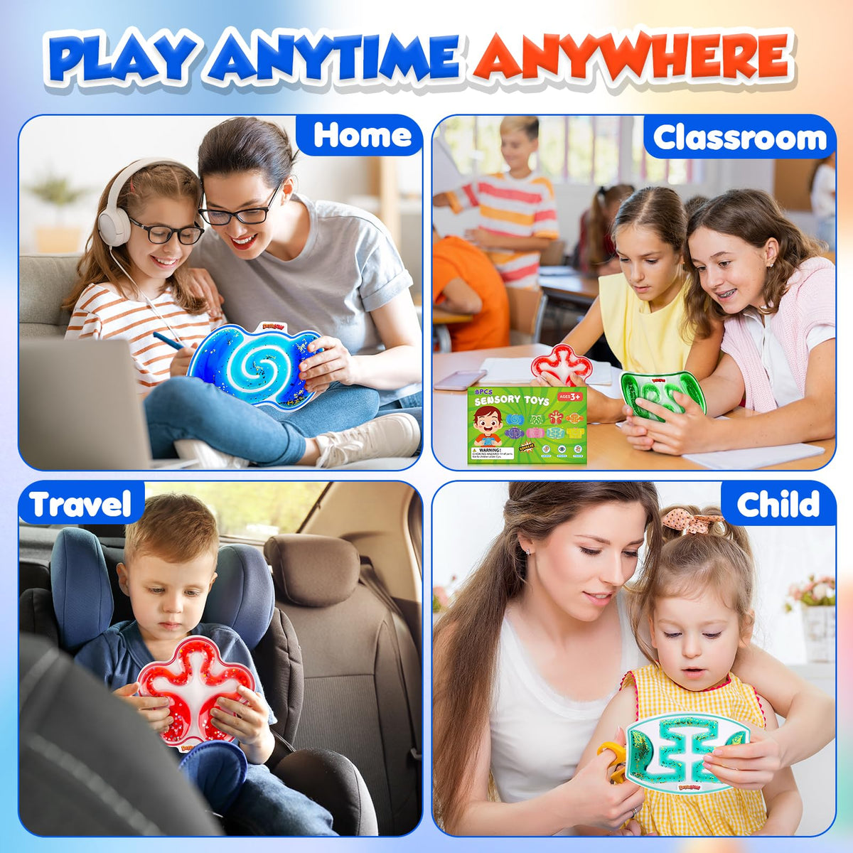 Demilong sensory toy with colliding beads provides gentle tactile feedback.