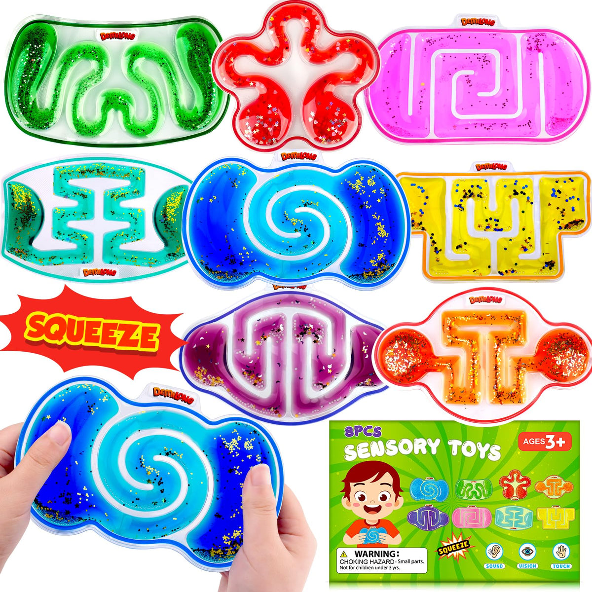 Demilong squishy sensory toy 8-pack for calming tactile exploration.
