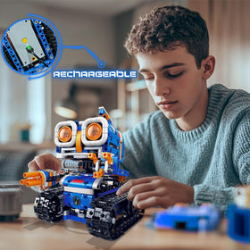 Demkia 5in1 STEM robot kit moving tracks enable smooth indoor navigation.